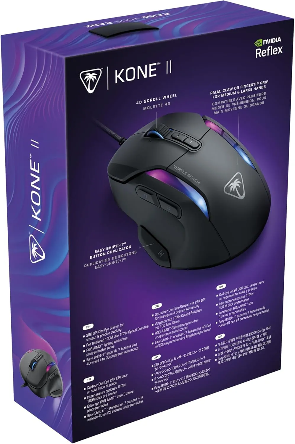 Turtle Beach Kone II – Wired Ergonomic RGB Gaming Mouse, 26K DPI Optical Sensor, 100M Click Life Optical Switches, 23 Customizable Inputs, 4D Scroll Wheel, Pure PTFE Glides - Ash Black