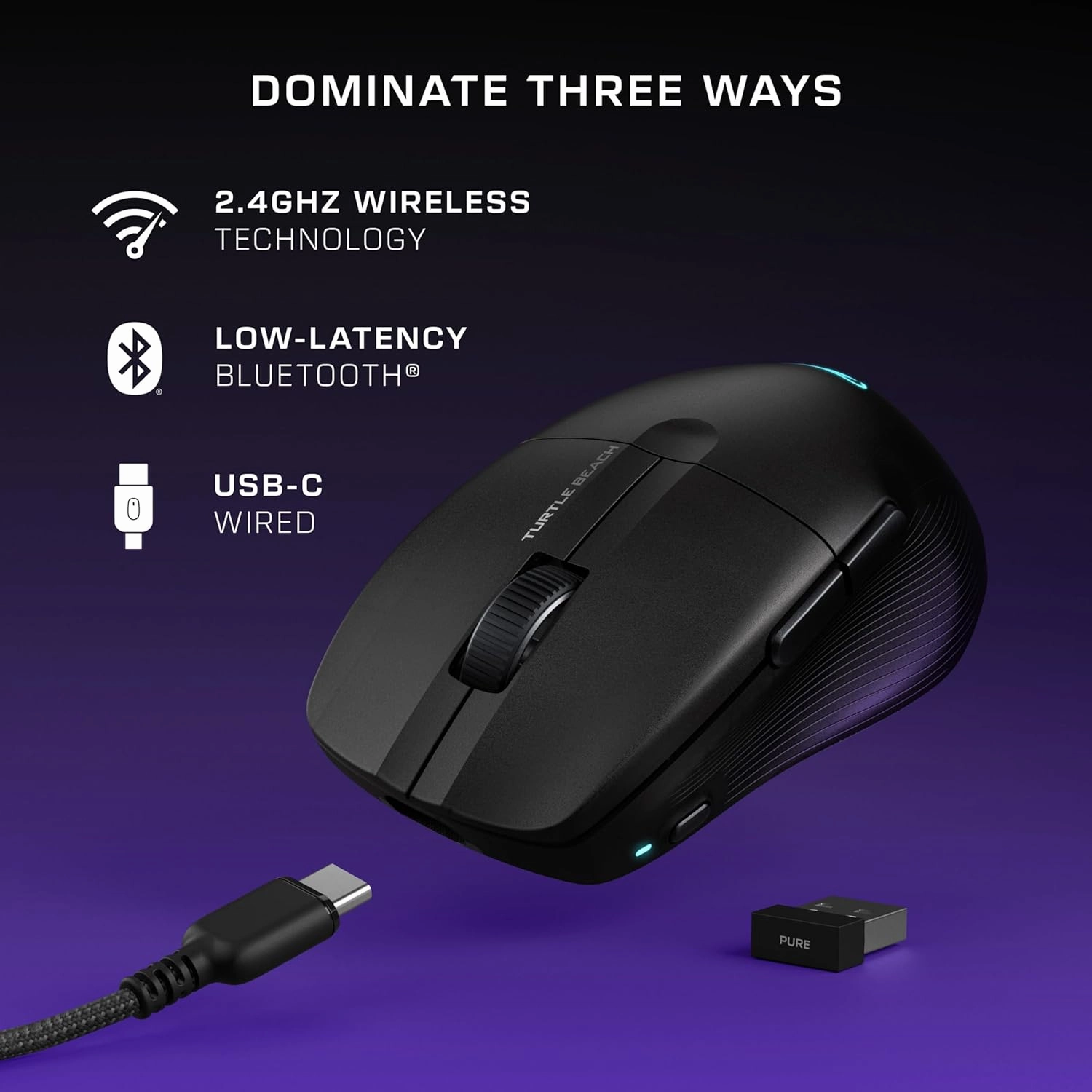 Turtle Beach Pure Air - Ultra-Light Wireless Ergonomic RGB Gaming Mouse, 26K DPI Optical Sensor, 125 Hour Battery, Dual Wireless System, Titan Optical Switches, Bluetooth, RGB Illumination - Black