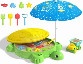 Turtle Sandbox with Lid & Adjustable Umbrella, Sand Pit with Dump Truck, 8PCS Beach Toys Set for Toddler 3-5, Outdoor Indoor Play Sand Activity Sensory Playset Summer Backyard Gift for Boys Girls