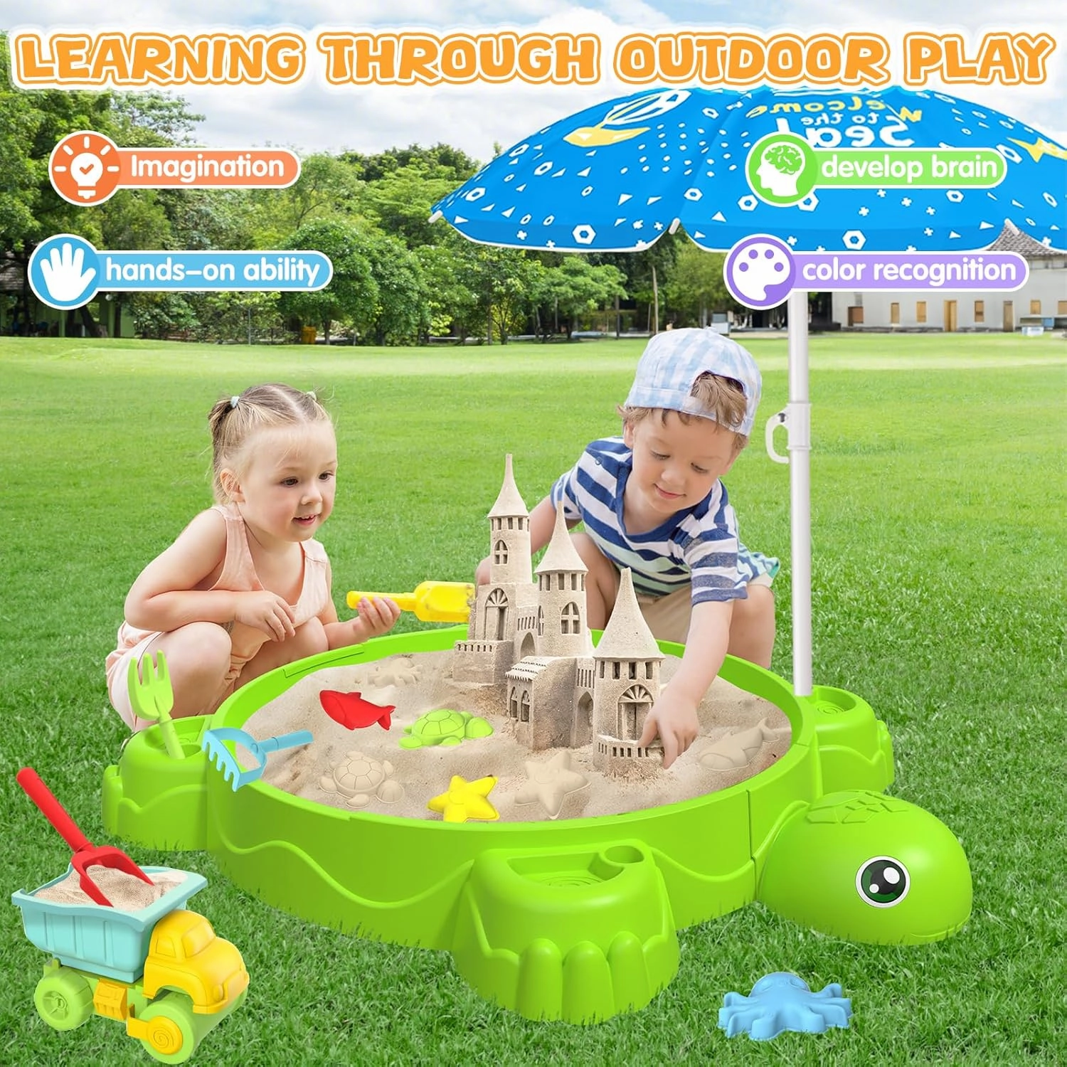 Turtle Sandbox with Lid & Adjustable Umbrella, Sand Pit with Dump Truck, 8PCS Beach Toys Set for Toddler 3-5, Outdoor Indoor Play Sand Activity Sensory Playset Summer Backyard Gift for Boys Girls