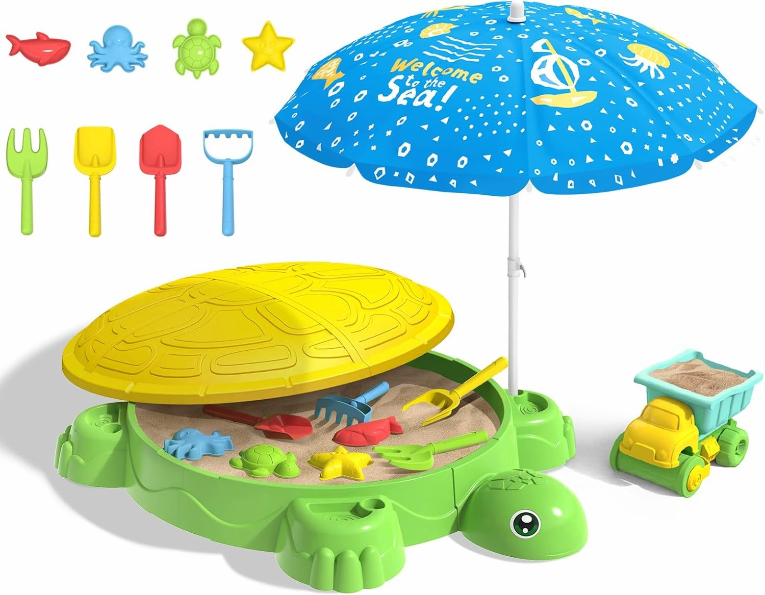 Turtle Sandbox with Lid & Adjustable Umbrella, Sand Pit with Dump Truck, 8PCS Beach Toys Set for Toddler 3-5, Outdoor Indoor Play Sand Activity Sensory Playset Summer Backyard Gift for Boys Girls