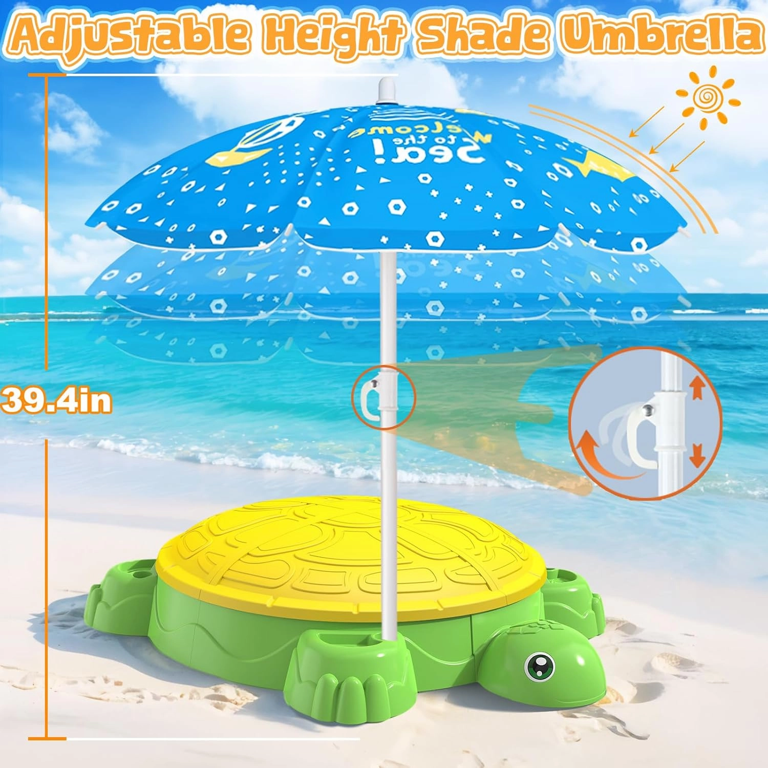 Turtle Sandbox with Lid & Adjustable Umbrella, Sand Pit with Dump Truck, 8PCS Beach Toys Set for Toddler 3-5, Outdoor Indoor Play Sand Activity Sensory Playset Summer Backyard Gift for Boys Girls