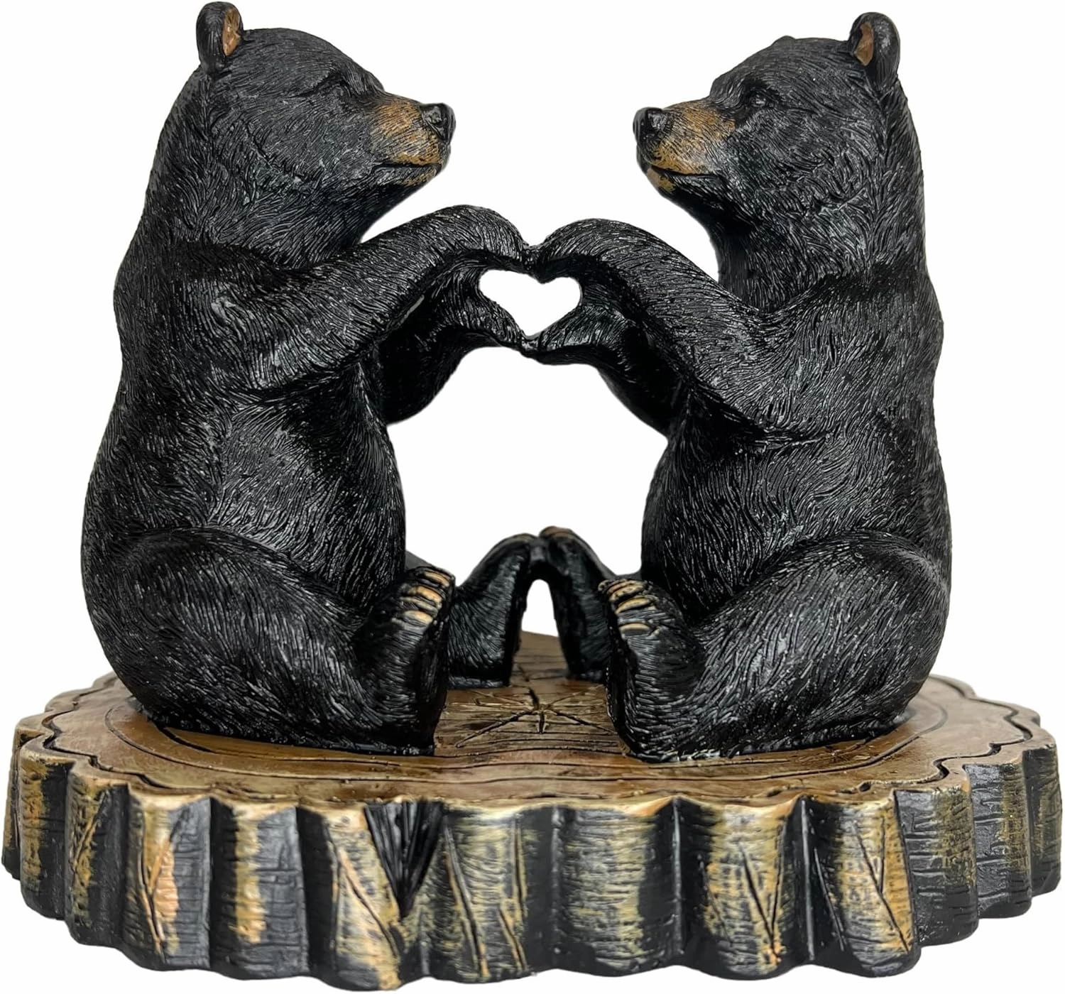 Two Black Bears Heart Hands Figurine – 6” Wide Whimsical Bear Couple I Love You Statue – Rustic Home, Cabin, Lodge, Office Decor