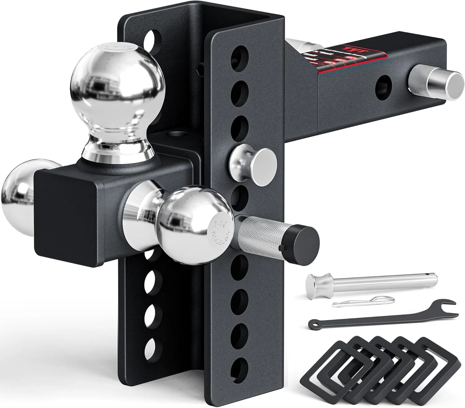 TYT Anti-Rattle Adjustable Trailer Hitch Tri-Ball Mount, Fits 2" Receiver, 4-1/2" Rise/Drop, 1-7/8"&2"&2-5/16" Ball, Heavy Duty Towing 10000lbs GTW