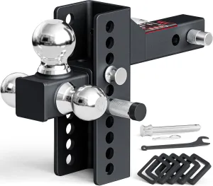 TYT Anti-Rattle Adjustable Trailer Hitch Tri-Ball Mount, Fits 2" Receiver, 4-1/2" Rise/Drop, 1-7/8"&2"&2-5/16" Ball, Heavy Duty Towing 10000lbs GTW