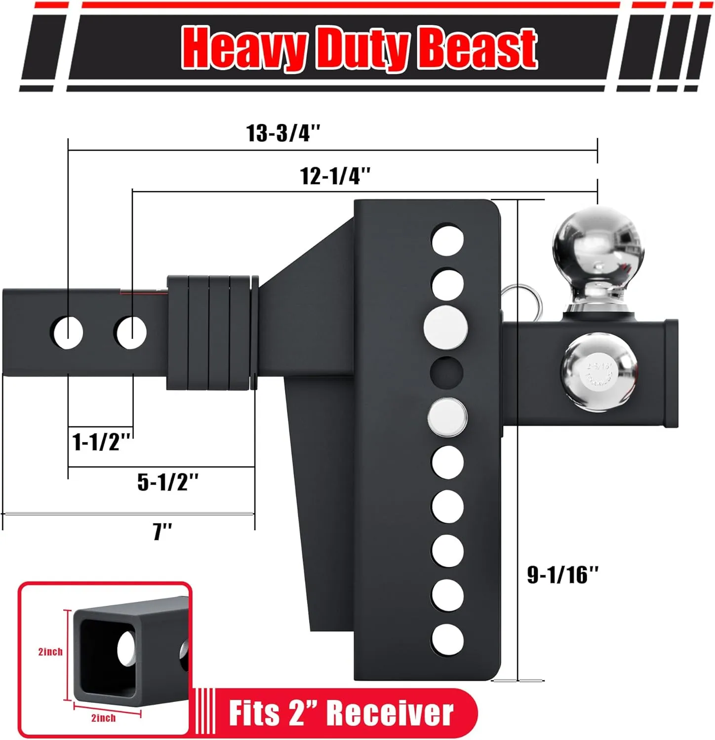 TYT Anti-Rattle Adjustable Trailer Hitch Tri-Ball Mount, Fits 2" Receiver, 4-1/2" Rise/Drop, 1-7/8"&2"&2-5/16" Ball, Heavy Duty Towing 10000lbs GTW
