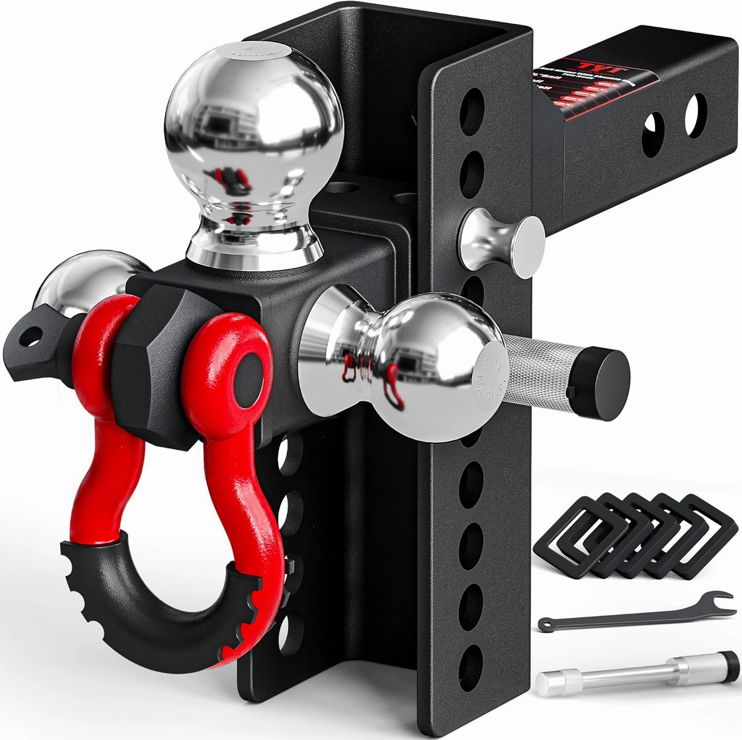 TYT Adjustable Heavy-Duty Trailer Hitch Tri-Ball Mount with Locks&Pin&Rotatable Tow Shackle, Fits 2-in Receiver, 4-1/2" Rise/Drop, 1-7/8" & 2" &2-5/16" Ball, 10000LBS GTW