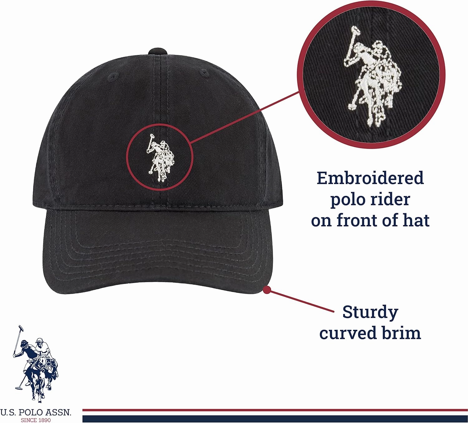U.S. Polo Assn. Small Polo Pony Logo Baseball Hat, 100% Cotton, Adjustable Cap