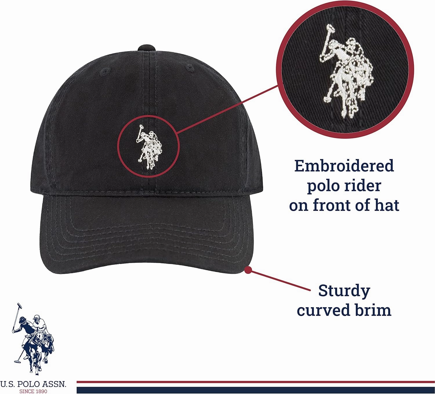 U.S. Polo Assn. Small Polo Pony Logo Baseball Hat, 100% Cotton, Adjustable Cap