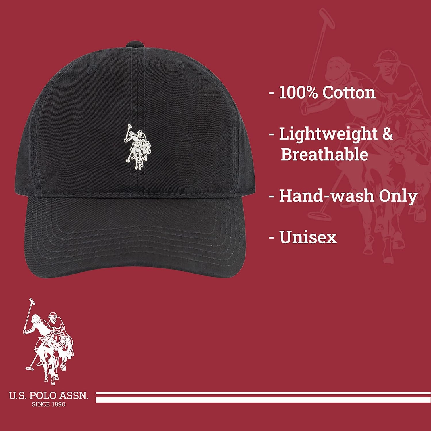 U.S. Polo Assn. Small Polo Pony Logo Baseball Hat, 100% Cotton, Adjustable Cap
