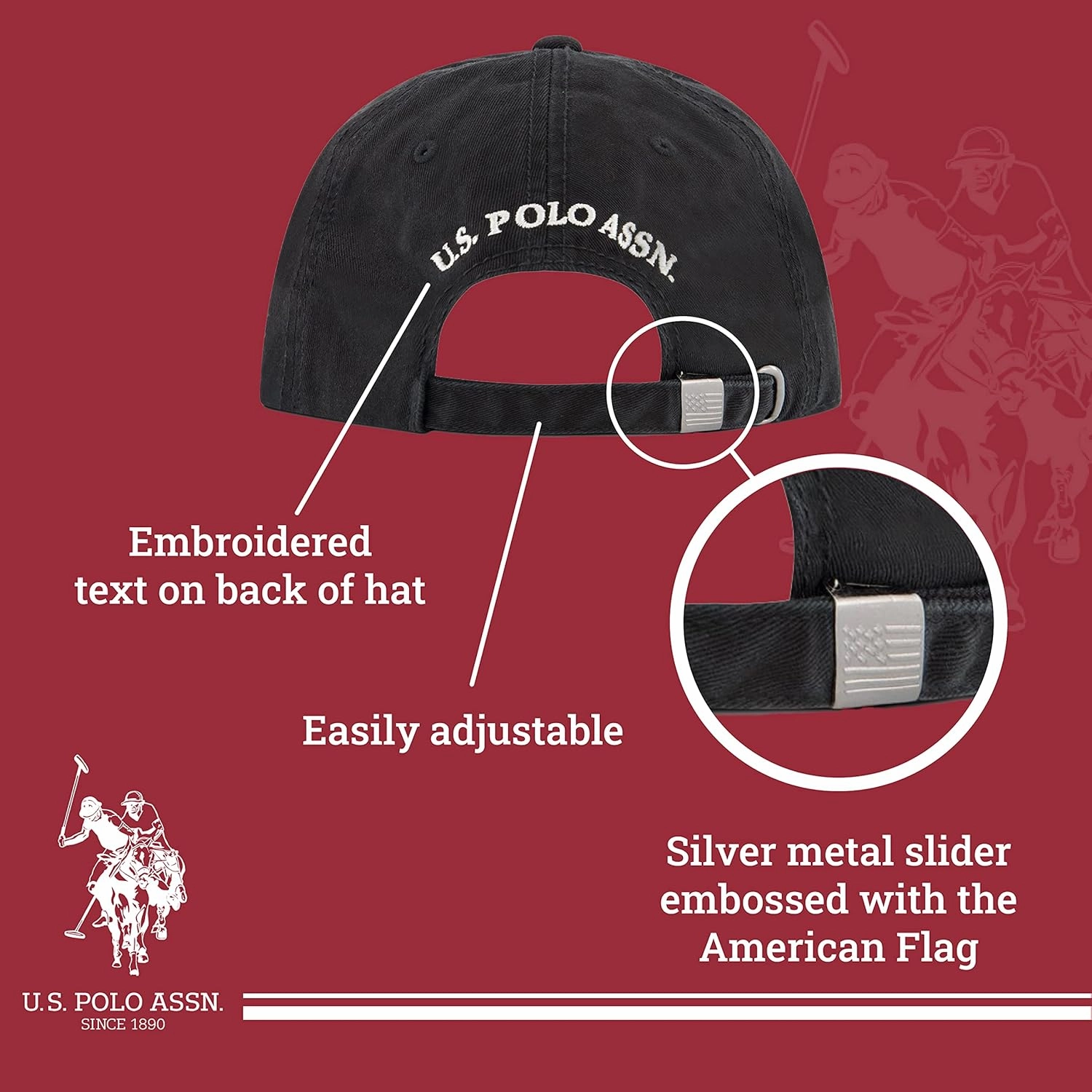 U.S. Polo Assn. Small Polo Pony Logo Baseball Hat, 100% Cotton, Adjustable Cap