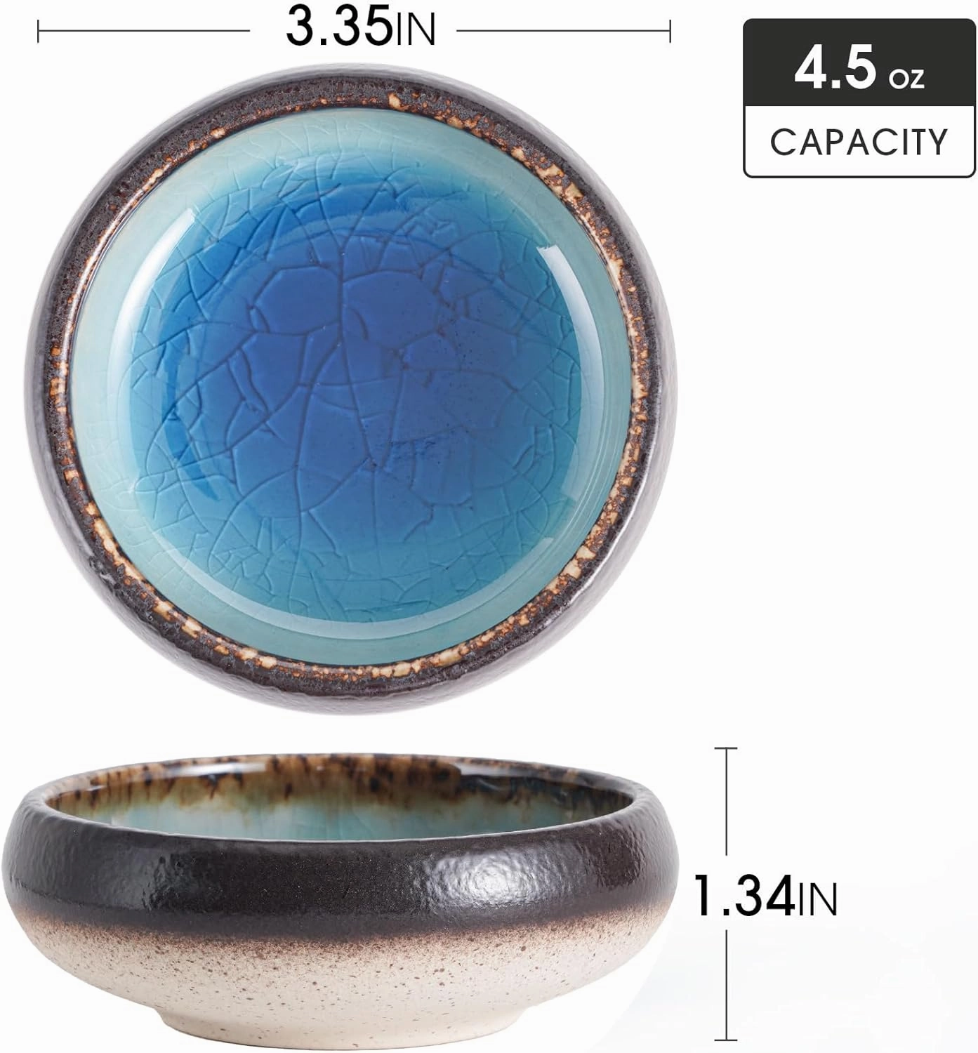 Uaral Soy Sauce Dishes Sushi Dipping Bowl Pinch Bowl Stoneware Blue Small Serving Dish Set 3.35 Inch(4.5 oz,Ice Crack Blue)