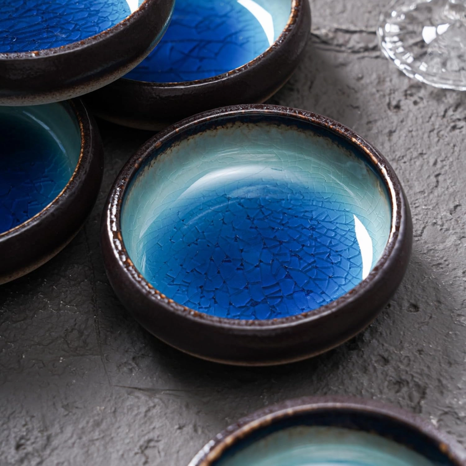 Uaral Soy Sauce Dishes Sushi Dipping Bowl Pinch Bowl Stoneware Blue Small Serving Dish Set 3.35 Inch(4.5 oz,Ice Crack Blue)