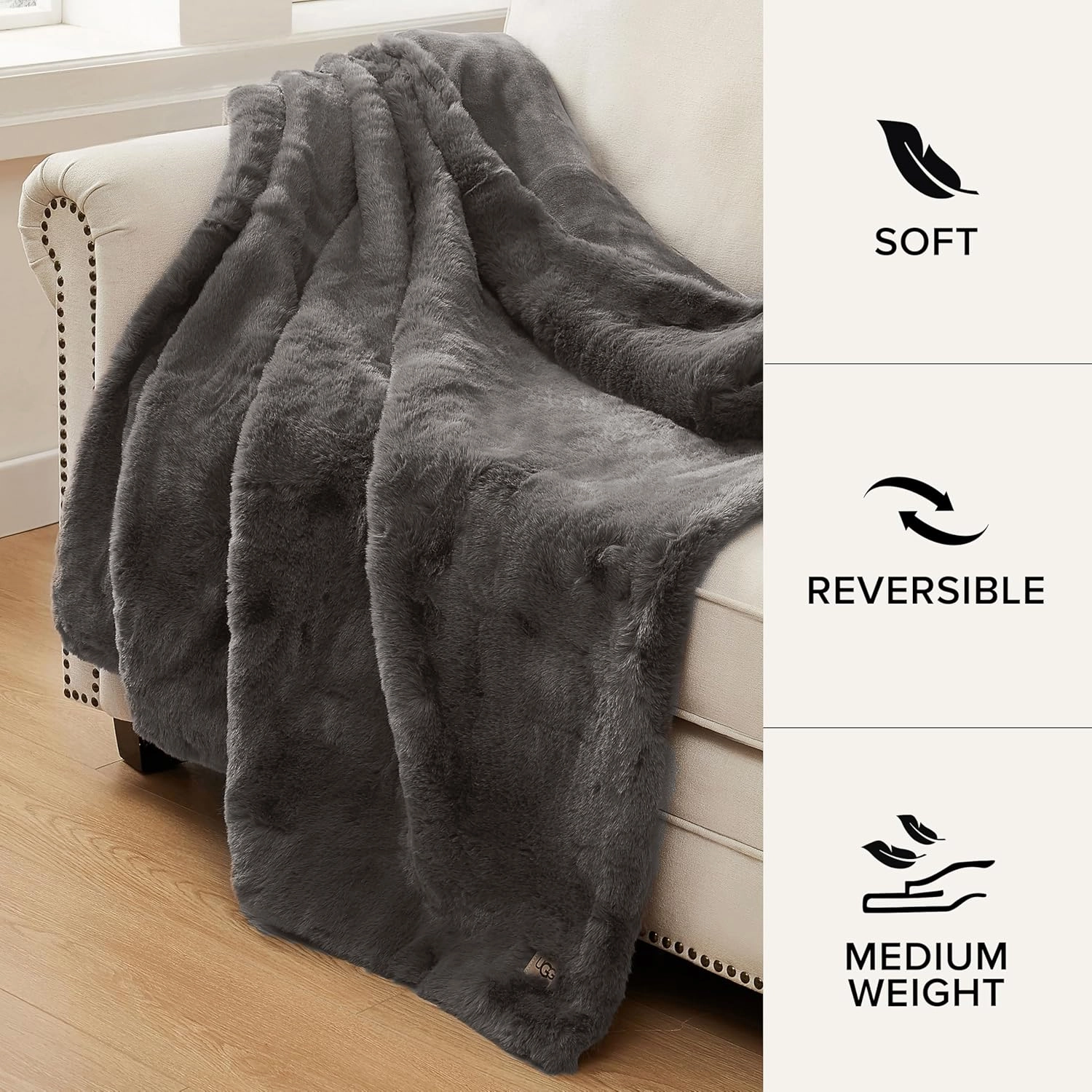 UGG Euphoria Plush Faux Fur Throw Blanket Medium Weight Reversible Luxury Soft Throw for Couch Bed or Chair Hypoallergenic Machine Washable Home Decor Blanket, 50-inch x 70-inch, Charcoal Dark Grey
