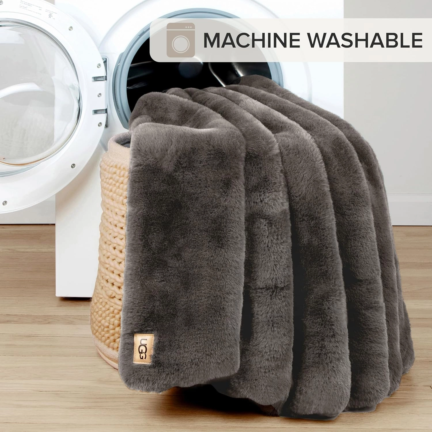 UGG Euphoria Plush Faux Fur Throw Blanket Medium Weight Reversible Luxury Soft Throw for Couch Bed or Chair Hypoallergenic Machine Washable Home Decor Blanket, 50-inch x 70-inch, Charcoal Dark Grey