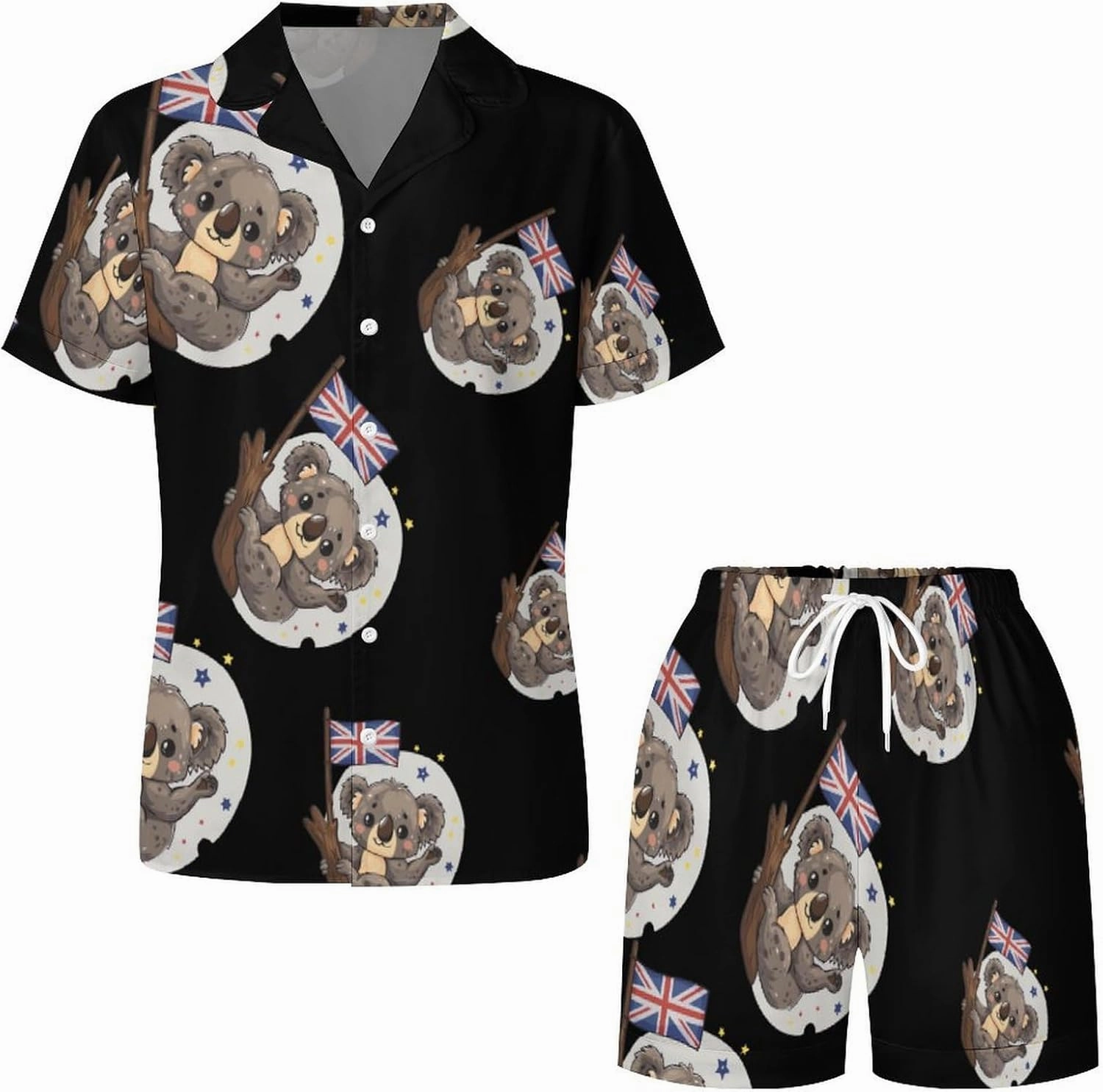 Uk Flag Koala Bear Women's Satin Pajama Set Short Sleeve Button Down Sleepwear Loungewear Pj Set