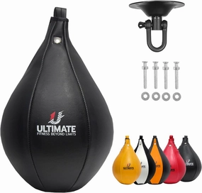 Ultimate Fitness Speed Bag - Boxing Leather MMA Muay Thai Training Punching Dodge Workout Speedball Kicking Striking Ball Kit with Hanging Swivel, Neddle, Screw Set