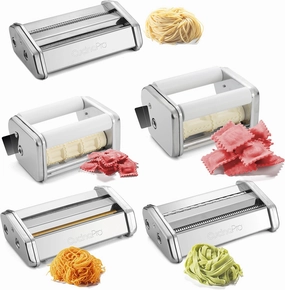 Ultimate Pasta Machine Attachment Set- Five (5) Different Cutters for Homemade Spaghetti, Fettucini, Ravioli, Angel Hair- Compatible w CucinaPro and Atlas Makers - Pasta Making Cooking Gift Made Easy