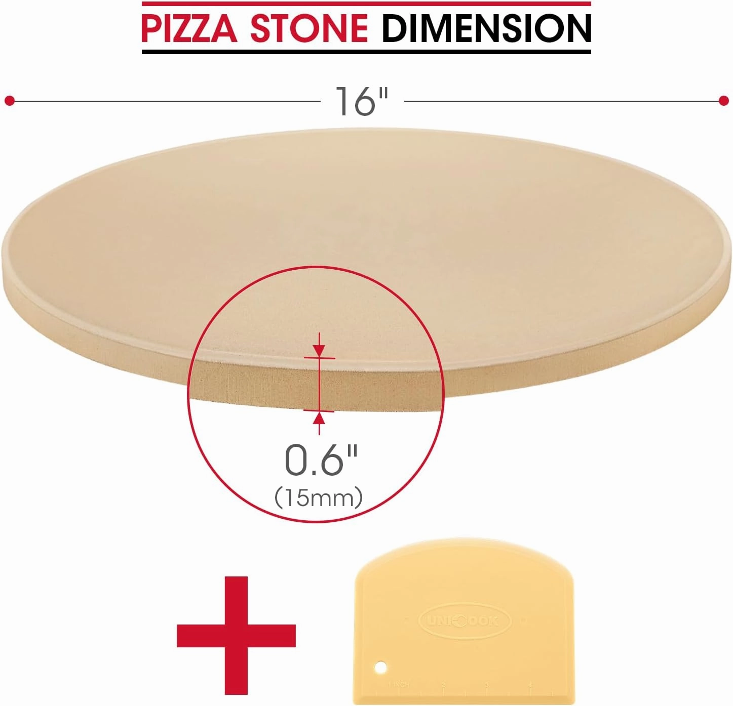 Unicook 16 Inch Round Pizza Stone, Heavy Duty Cordierite Bread Baking Stone for Oven and Grill, Thermal Shock Resistant, Ideal for Baking Crisp Crust Pizza, Bread and More, Includes Scraper