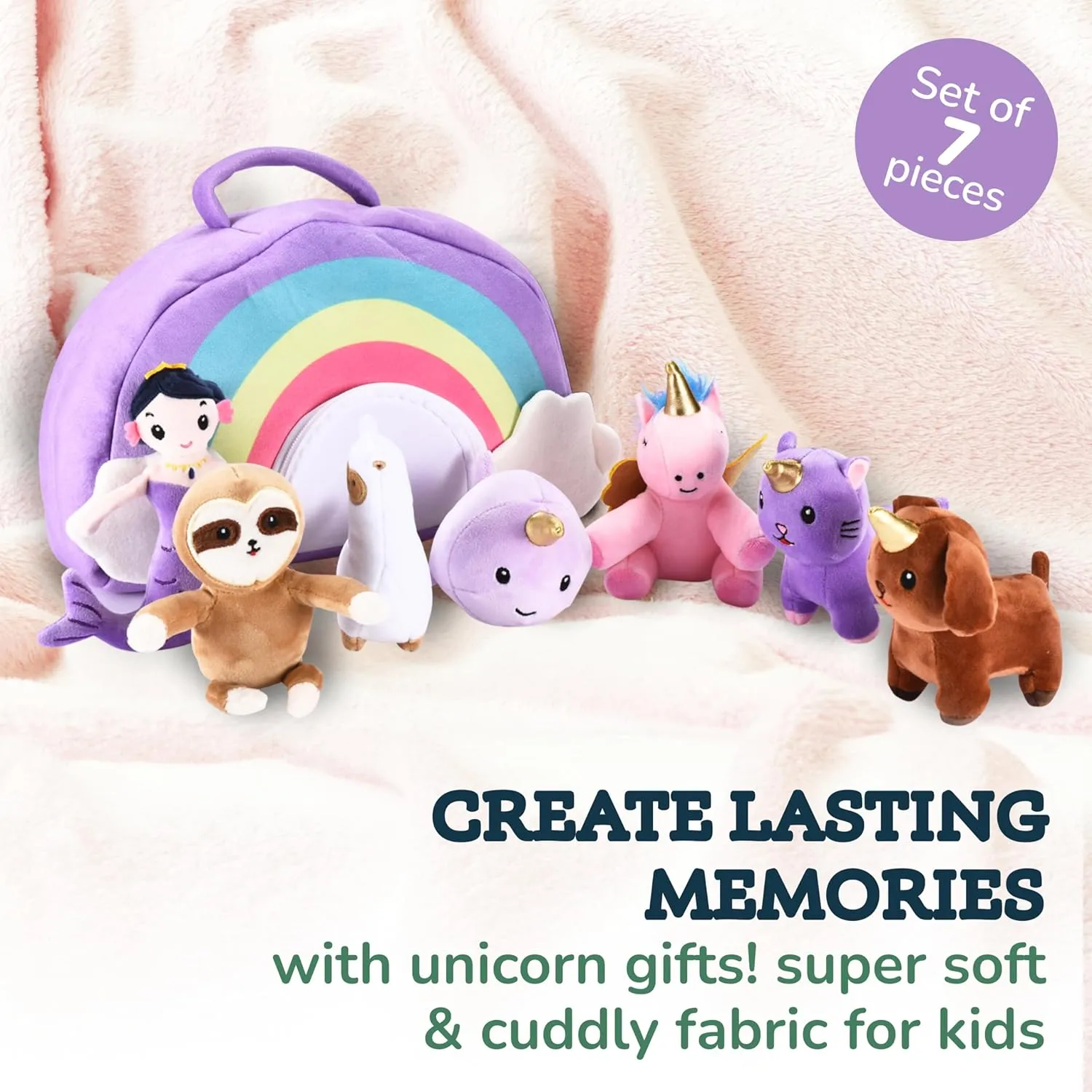 Unicorn Stuffed Animals with Rainbow Bag Set of 7 - Portable Plush Animal Toys - Vibrant Rainbow Set for Traveling and Cuddling-Unicorn Baby Gifts for Endless Fun and Playtime Adventures