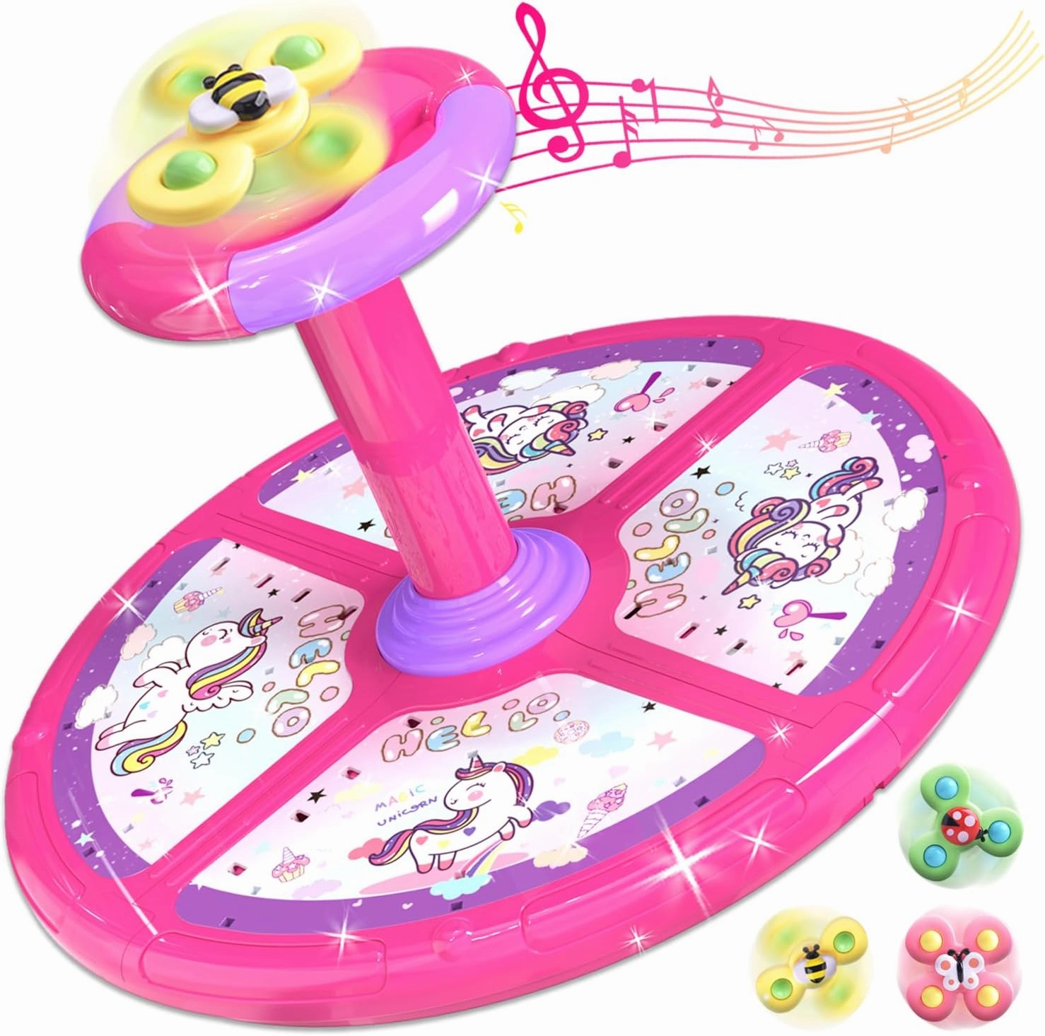 Unicorn Sit and Spin Toys for Toddlers 1-3, 360° Rotation sit n Spin, LED Light & Enlightenment Music, Ideal Birthday for Boy/Girl with 3PCS Suction Cup Spinner Toys (Pink)