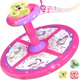 Unicorn Sit and Spin Toys for Toddlers 1-3, 360° Rotation sit n Spin, LED Light & Enlightenment Music, Ideal Birthday for Boy/Girl with 3PCS Suction Cup Spinner Toys (Pink)