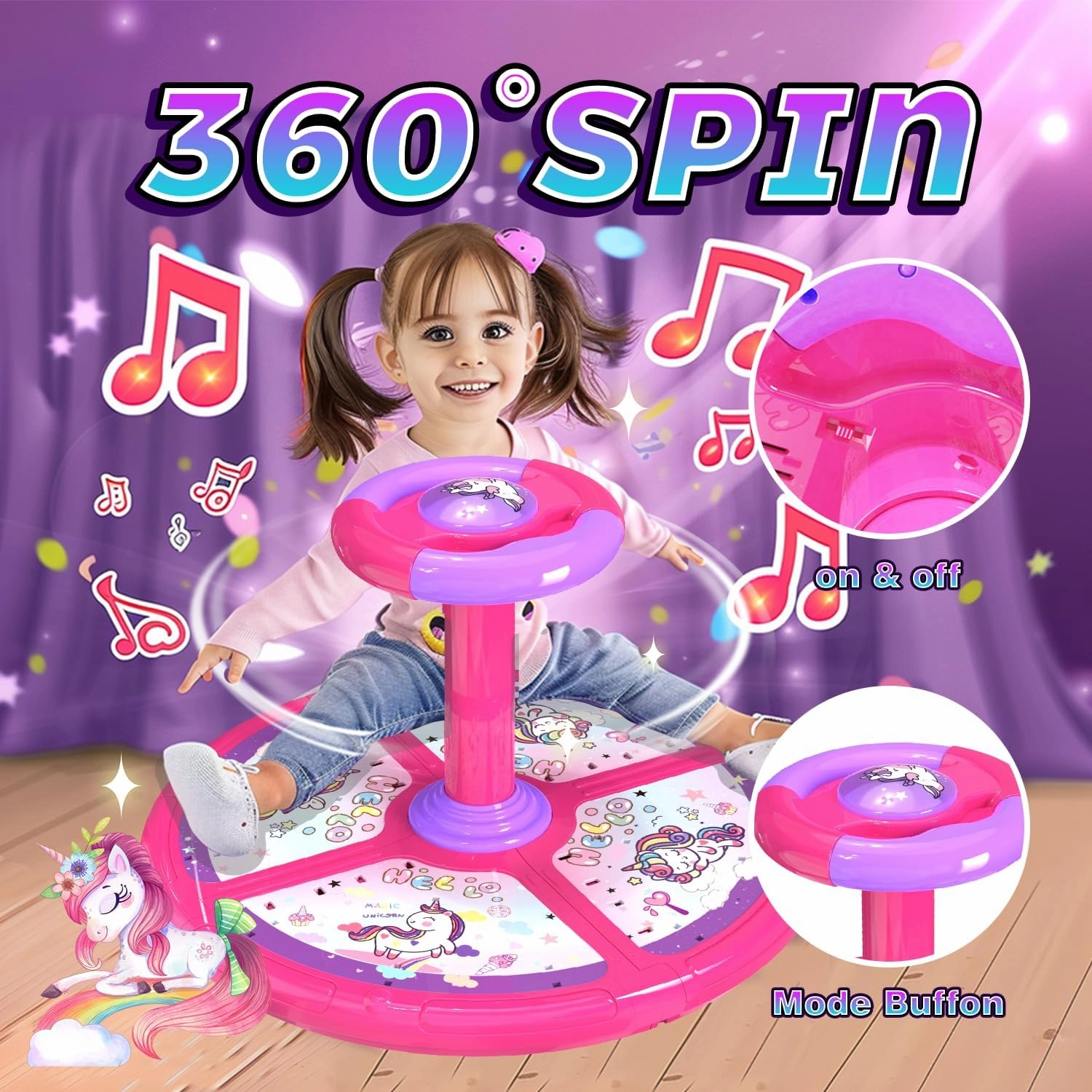 Unicorn Sit and Spin Toys for Toddlers 1-3, 360° Rotation sit n Spin, LED Light & Enlightenment Music, Ideal Birthday for Boy/Girl with 3PCS Suction Cup Spinner Toys (Pink)
