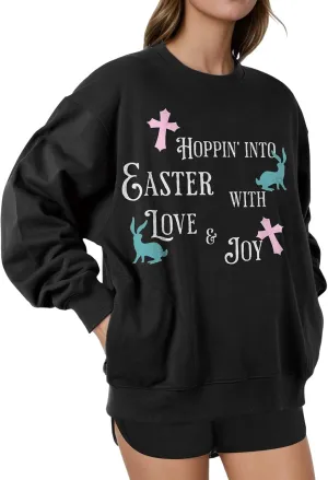 Unisex Easter Elements Graphic Letter Print Sweatshirt Crew Neck Long Sleeve Loose Pullover Tops with Pockets