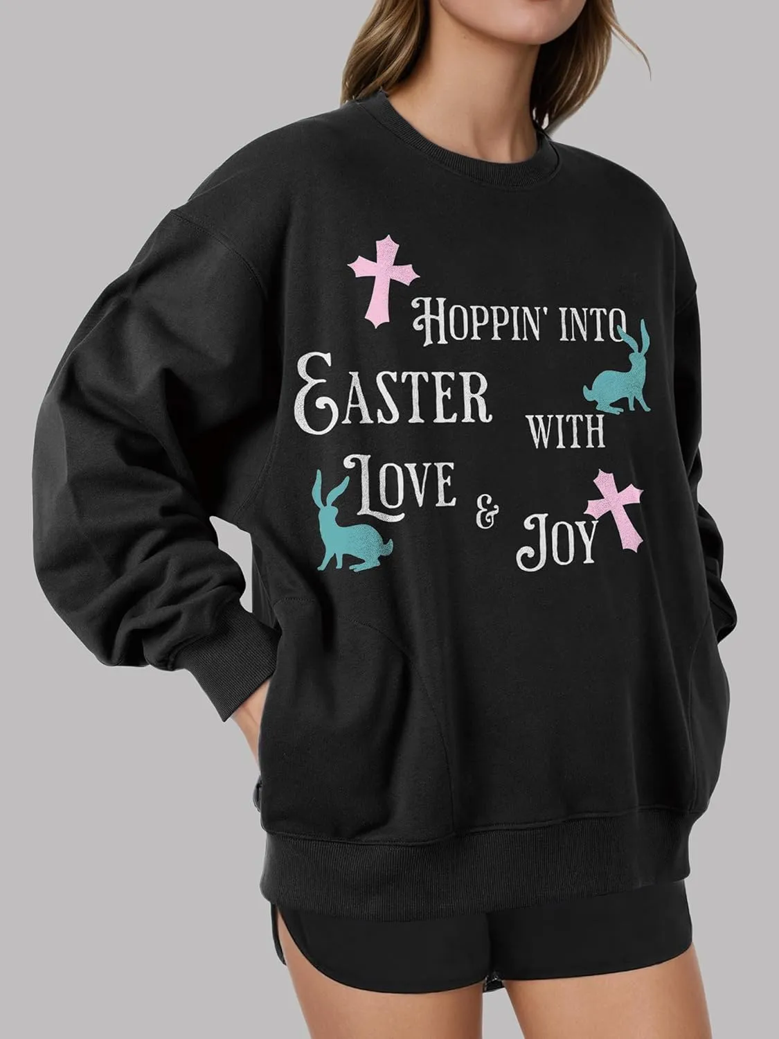 Unisex Easter Elements Graphic Letter Print Sweatshirt Crew Neck Long Sleeve Loose Pullover Tops with Pockets