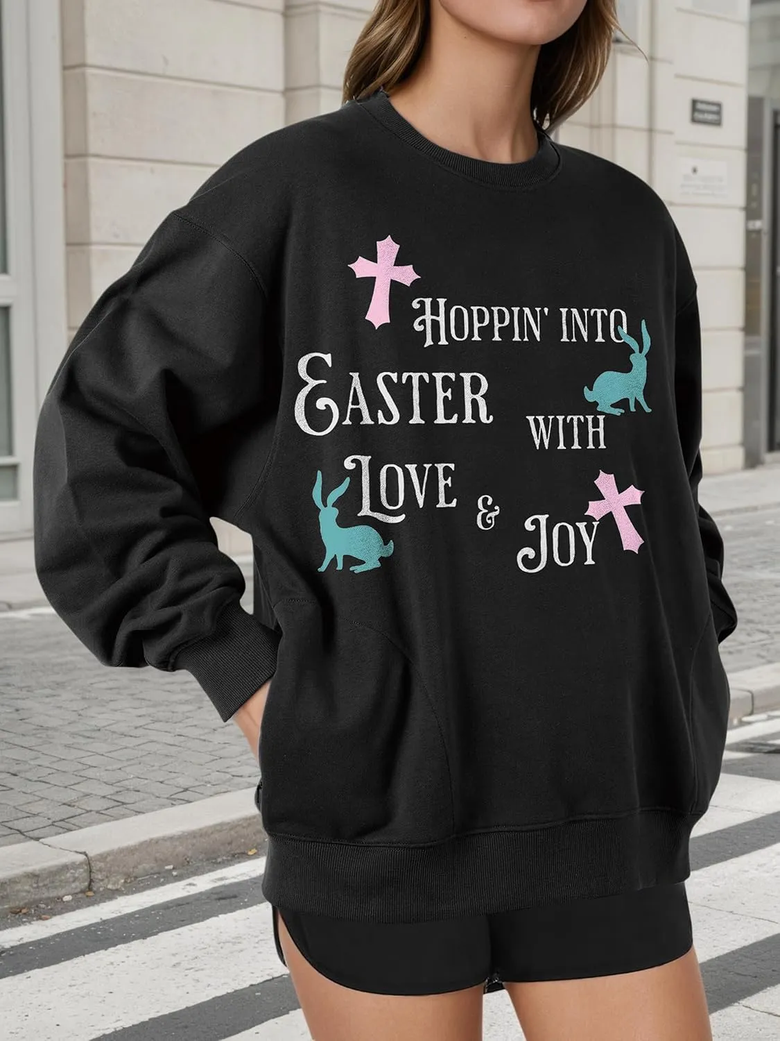 Unisex Easter Elements Graphic Letter Print Sweatshirt Crew Neck Long Sleeve Loose Pullover Tops with Pockets