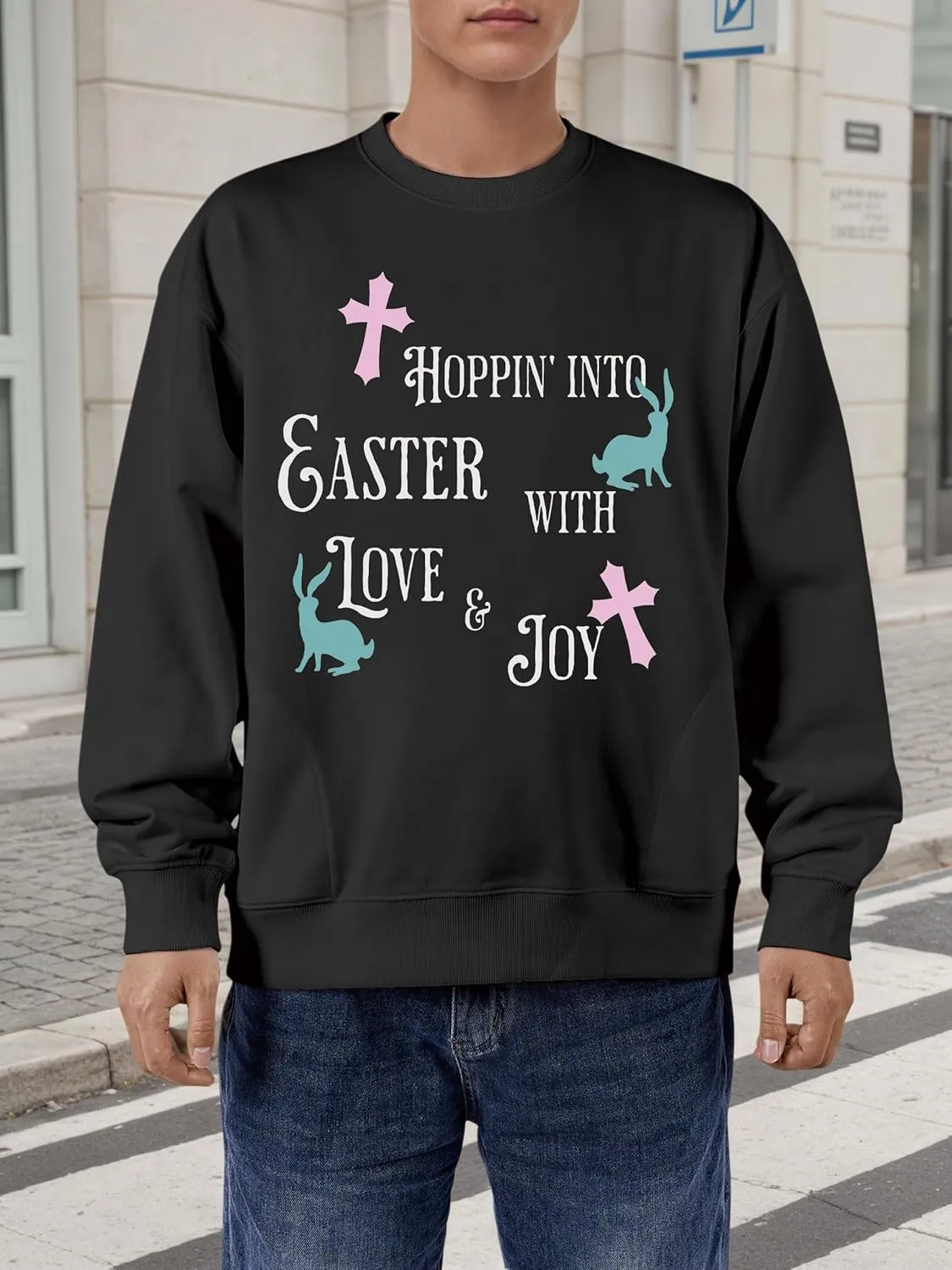 Unisex Easter Elements Graphic Letter Print Sweatshirt Crew Neck Long Sleeve Loose Pullover Tops with Pockets
