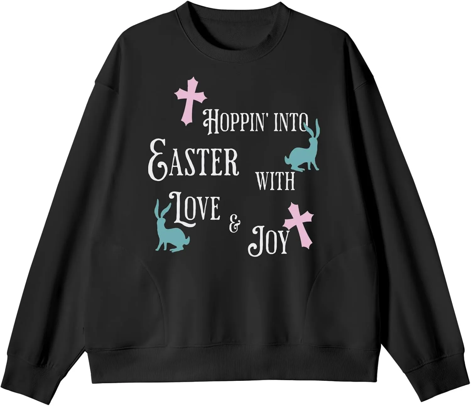 Unisex Easter Elements Graphic Letter Print Sweatshirt Crew Neck Long Sleeve Loose Pullover Tops with Pockets