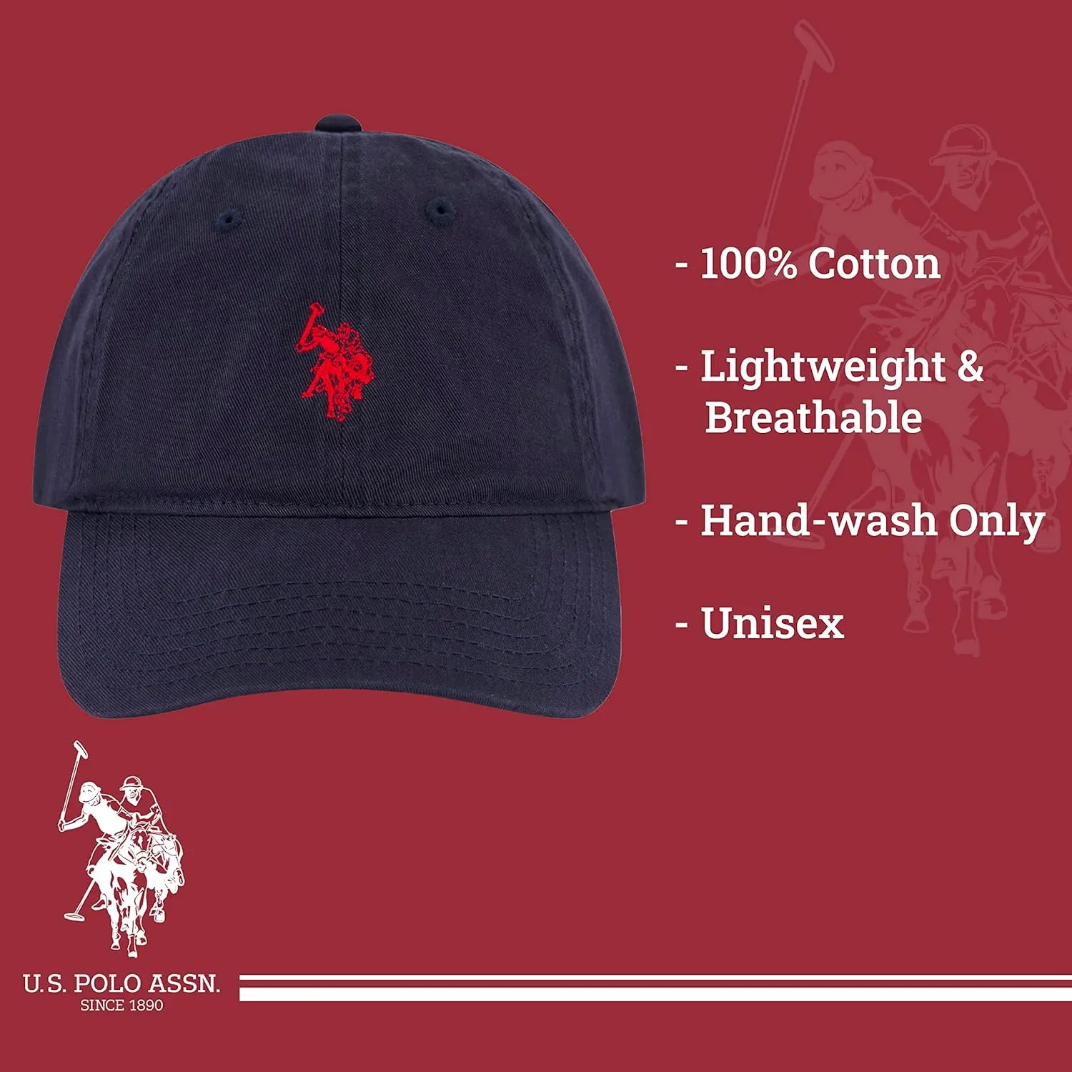 U.S. Polo Assn. Small Polo Pony Logo Baseball Hat, 100% Cotton, Adjustable Cap