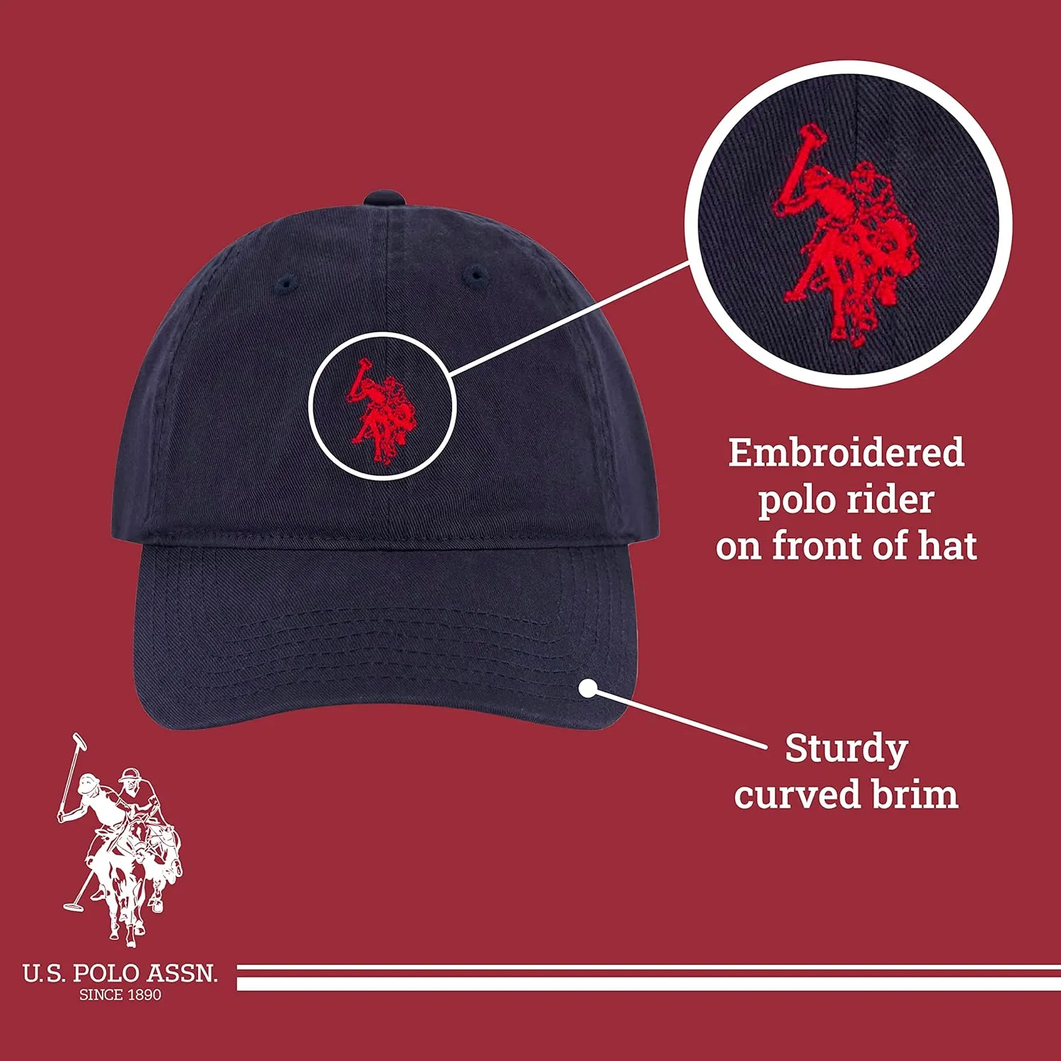 U.S. Polo Assn. Small Polo Pony Logo Baseball Hat, 100% Cotton, Adjustable Cap