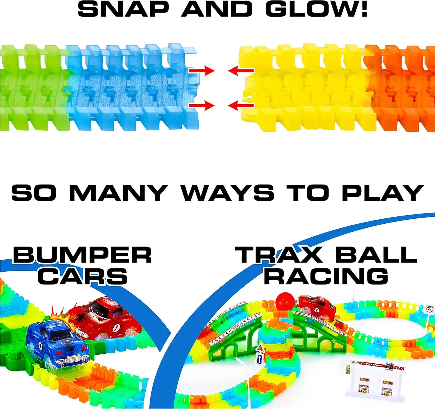 USA Toyz Glow Trax Glow in The Dark Race Tracks for Kids- Speedway Race Car Track Set with 360pk Flexible Roads, 2 Light Up Toy Cars, Bridges, Ramps, Play Set STEM Building Toys for Boys and Girls