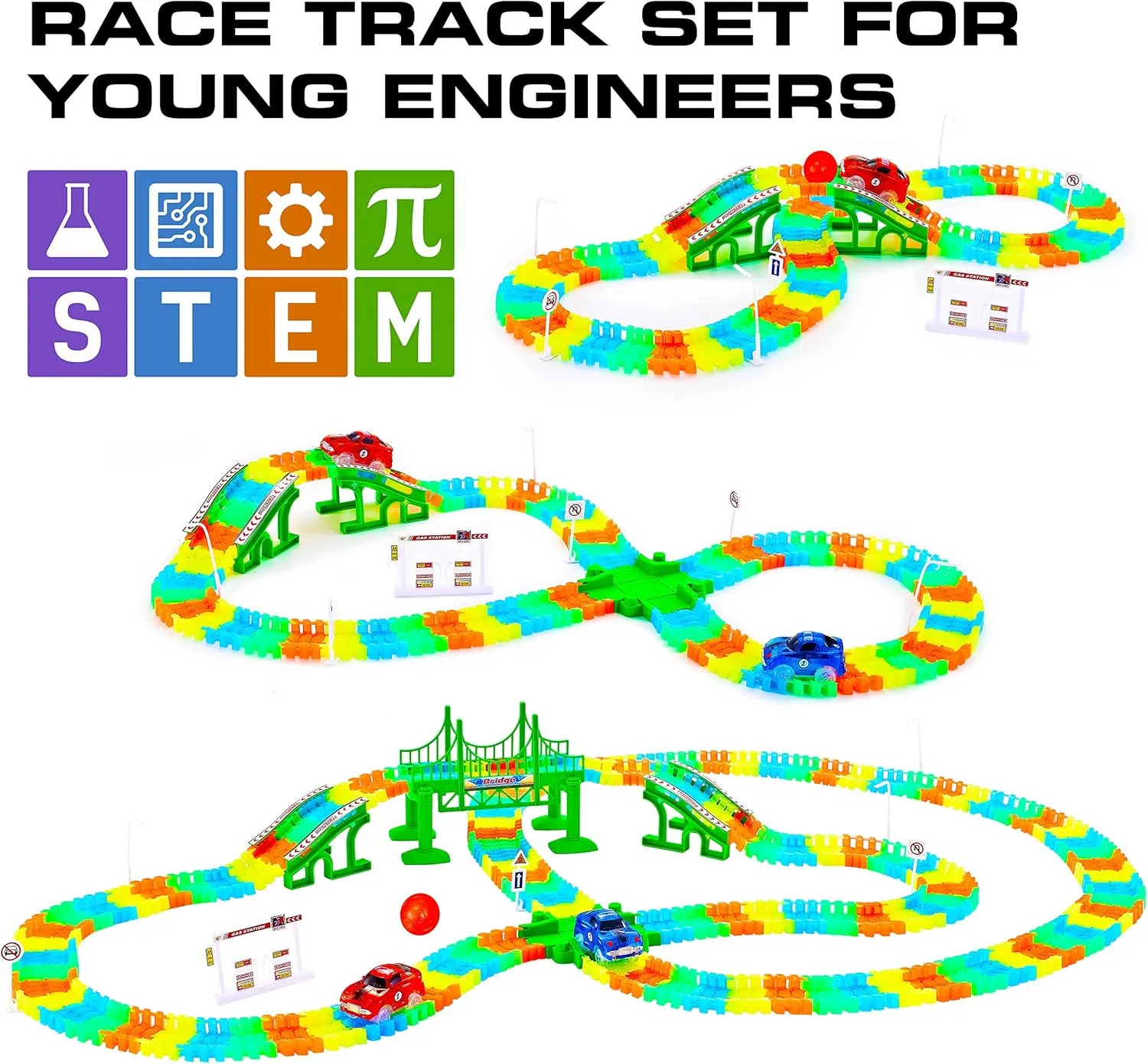 USA Toyz Glow Trax Glow in The Dark Race Tracks for Kids- Speedway Race Car Track Set with 360pk Flexible Roads, 2 Light Up Toy Cars, Bridges, Ramps, Play Set STEM Building Toys for Boys and Girls