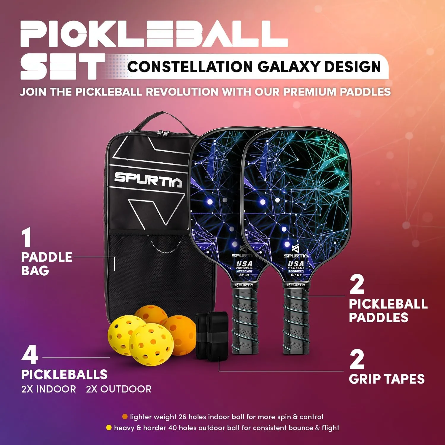 USAPA Approved Pickleball Paddle Set | Fiberglass Surface, with Balls, Grip Tapes & Carry Bag | Quiet, Lightweight Rackets for Men, Women & Beginners
