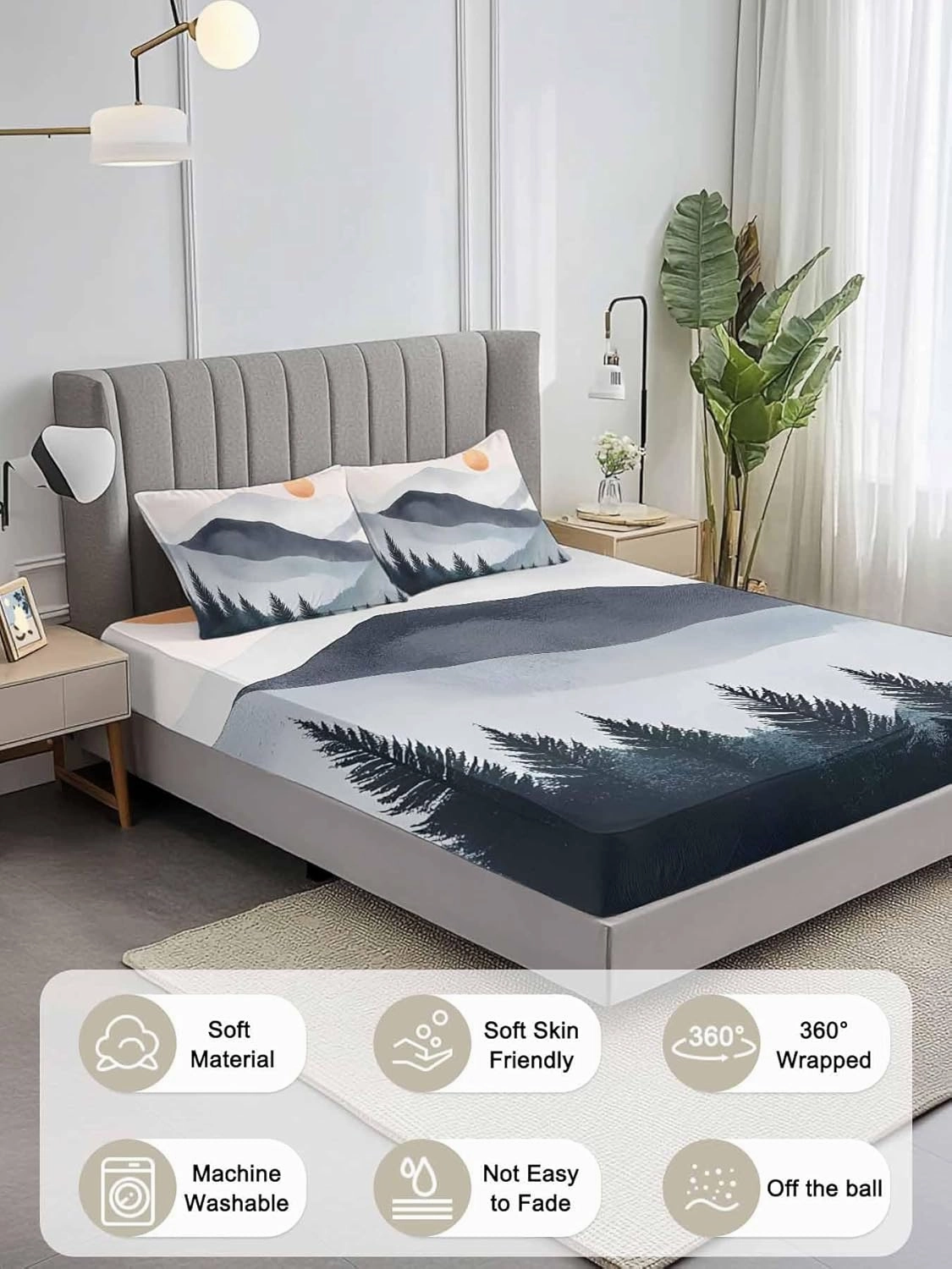 Vandarllin Queen Sheet Set Sun Mountain Bed Sheets Set with 16 Inch Deep Pockets Forest Landscape Soft Luxury Hotel Bedding Sheets for All Season with Elastic Corner Straps