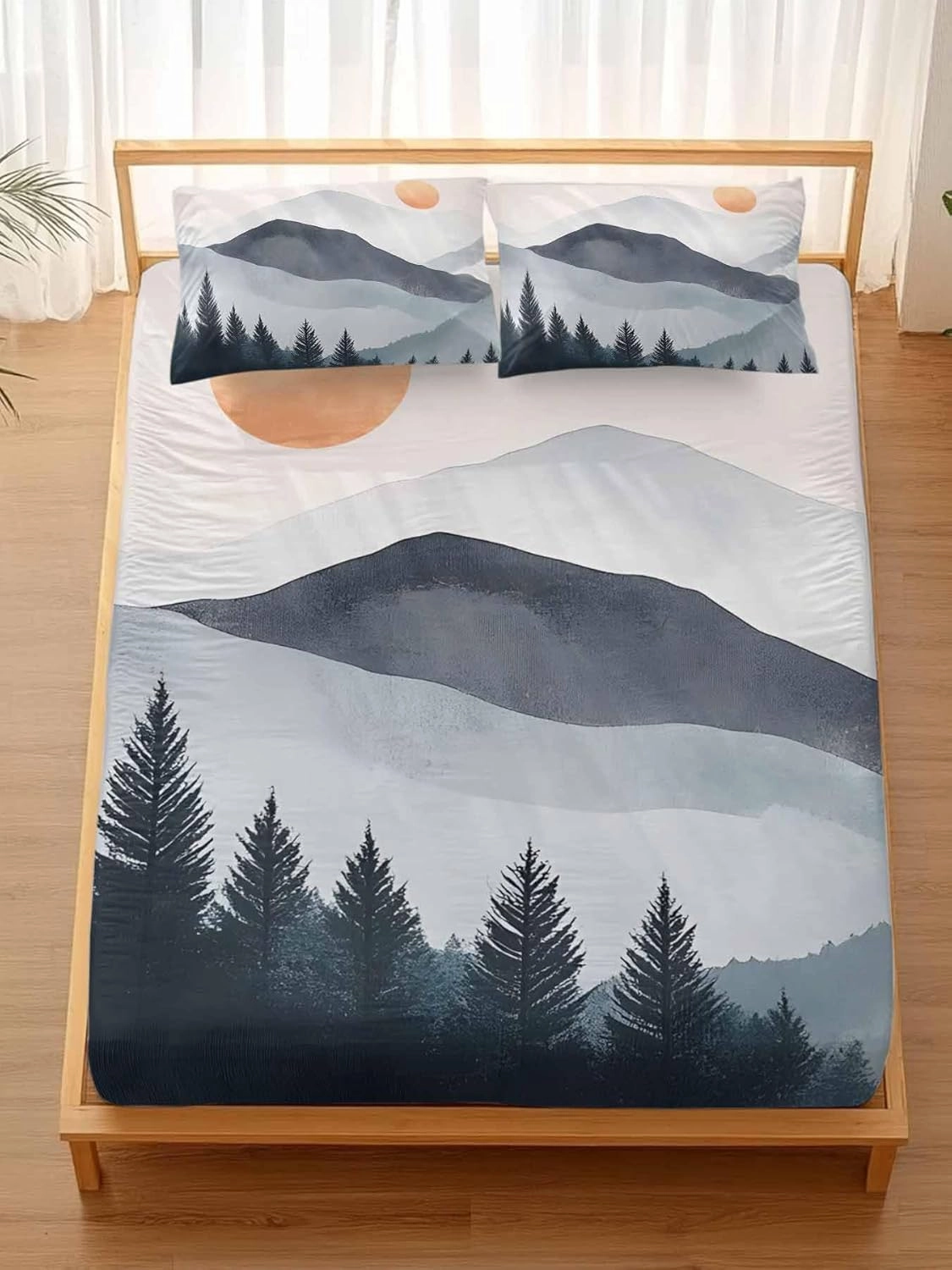 Vandarllin Queen Sheet Set Sun Mountain Bed Sheets Set with 16 Inch Deep Pockets Forest Landscape Soft Luxury Hotel Bedding Sheets for All Season with Elastic Corner Straps