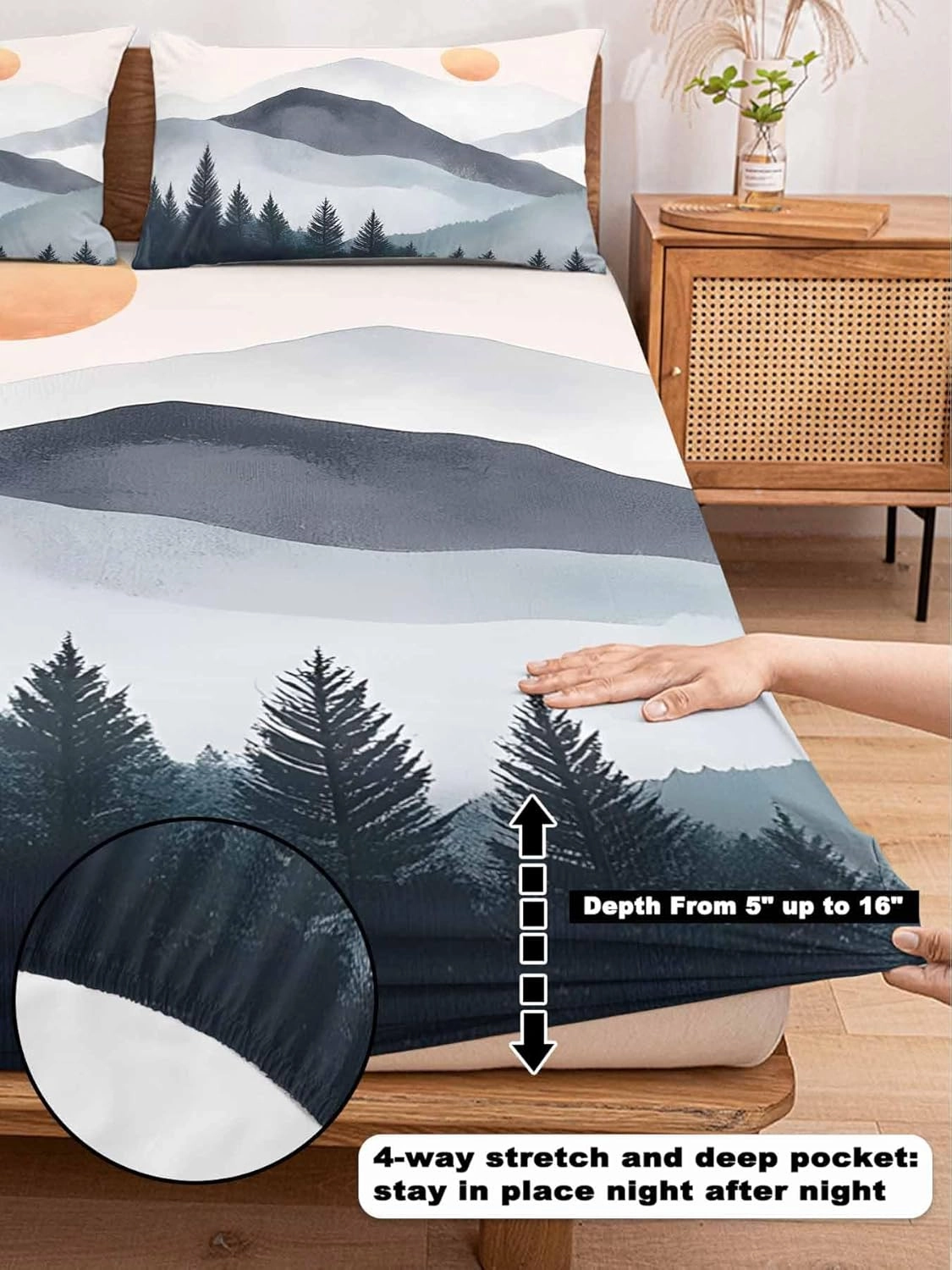 Vandarllin Queen Sheet Set Sun Mountain Bed Sheets Set with 16 Inch Deep Pockets Forest Landscape Soft Luxury Hotel Bedding Sheets for All Season with Elastic Corner Straps