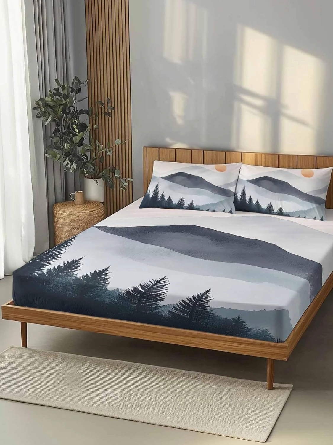 Vandarllin Queen Sheet Set Sun Mountain Bed Sheets Set with 16 Inch Deep Pockets Forest Landscape Soft Luxury Hotel Bedding Sheets for All Season with Elastic Corner Straps