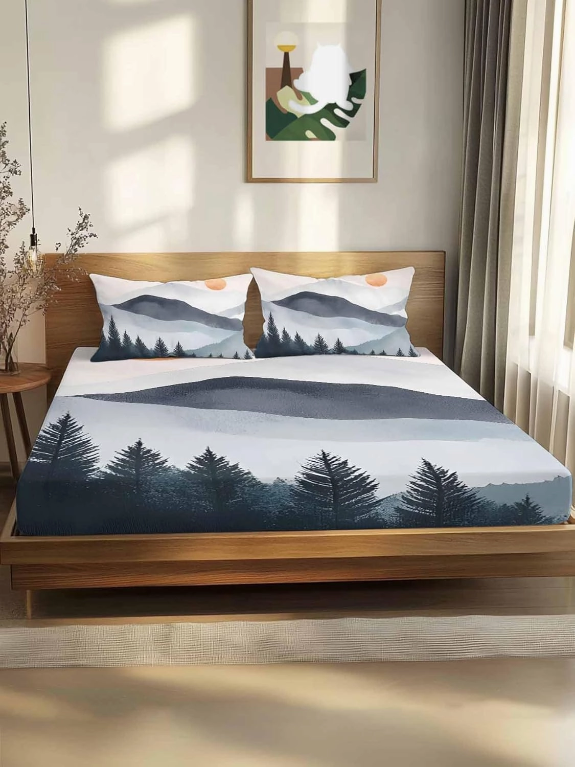 Vandarllin Queen Sheet Set Sun Mountain Bed Sheets Set with 16 Inch Deep Pockets Forest Landscape Soft Luxury Hotel Bedding Sheets for All Season with Elastic Corner Straps