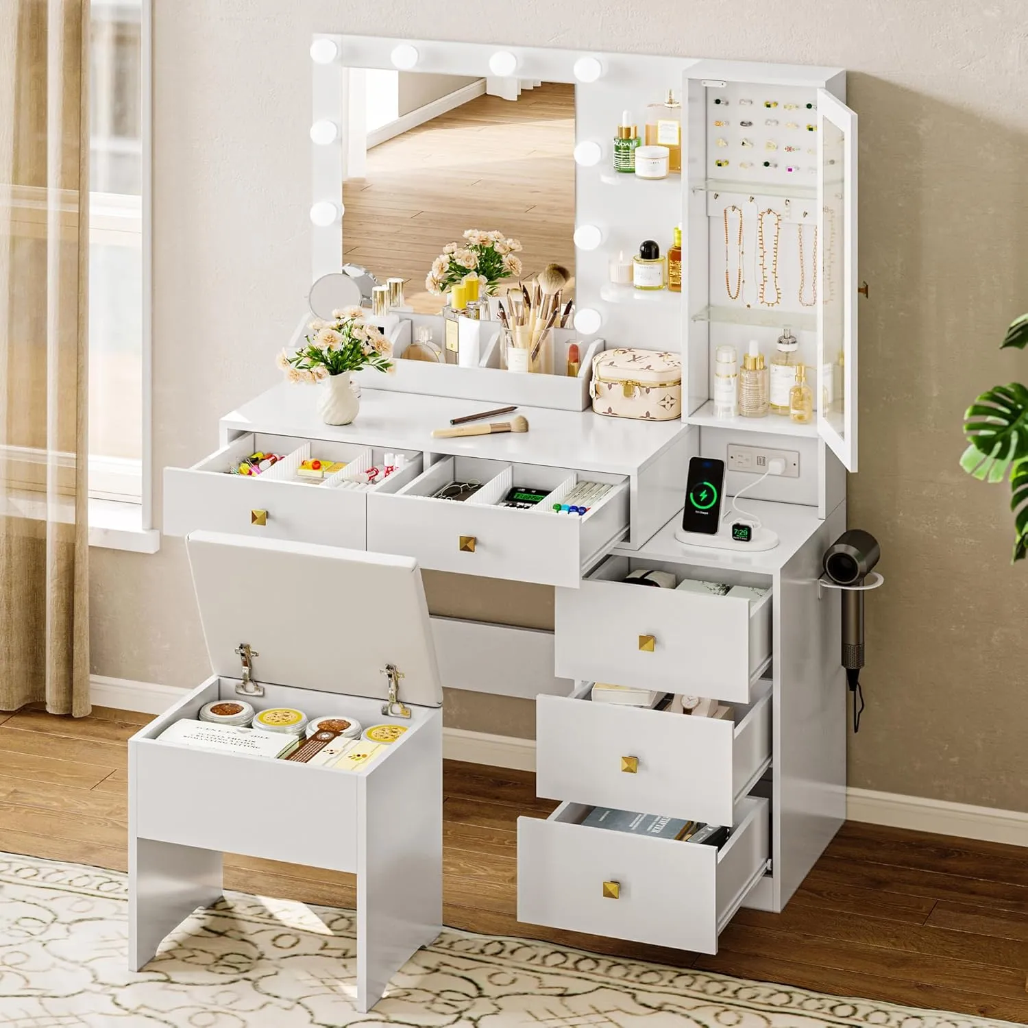 Vanity Desk with Mirror and Lights, White Makeup Vanity with 5 Drawers Hidden Jewelry Organizer& LED Glass Cabinet,3 Light Mode and Brightness Adjusted,Vanities Mirror with Lights Desk and Chair