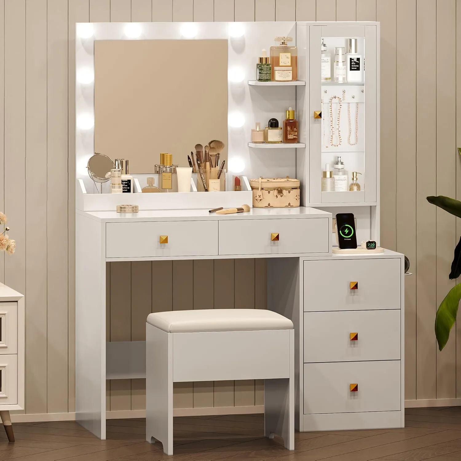 Vanity Desk with Mirror and Lights, White Makeup Vanity with 5 Drawers Hidden Jewelry Organizer& LED Glass Cabinet,3 Light Mode and Brightness Adjusted,Vanities Mirror with Lights Desk and Chair