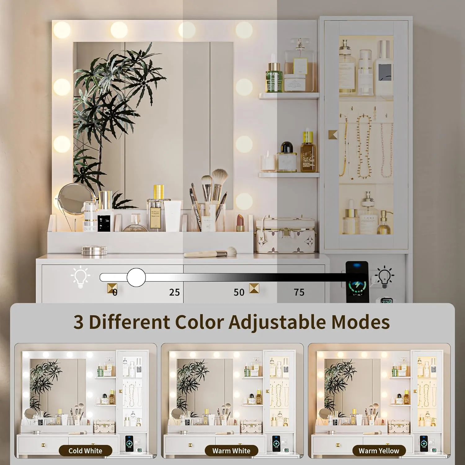 Vanity Desk with Mirror and Lights, White Makeup Vanity with 5 Drawers Hidden Jewelry Organizer& LED Glass Cabinet,3 Light Mode and Brightness Adjusted,Vanities Mirror with Lights Desk and Chair