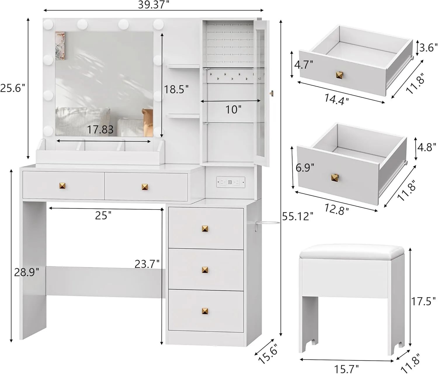 Vanity Desk with Mirror and Lights, White Makeup Vanity with 5 Drawers Hidden Jewelry Organizer& LED Glass Cabinet,3 Light Mode and Brightness Adjusted,Vanities Mirror with Lights Desk and Chair
