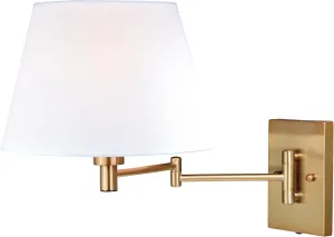 VAXCEL Chapeau Plug-in Brass Cone Motion Sensor Swing Arm Wall Lamp White Linen Shade