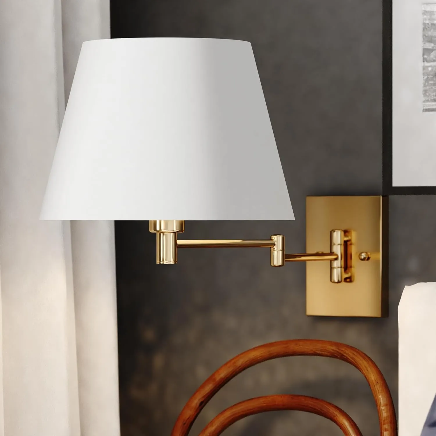 VAXCEL Chapeau Plug-in Brass Cone Motion Sensor Swing Arm Wall Lamp White Linen Shade