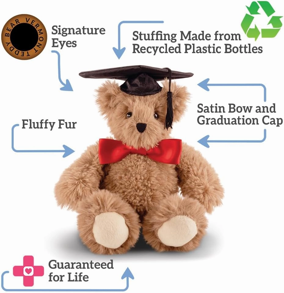 Vermont Teddy Bear Graduation Bear 13 Inches | Graduation Bears Class of 2025 with Black Cap and Red Bow, Designed in USA | Super Soft Collection