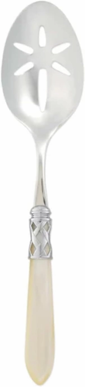 Vietri Aladdin Brilliant Ivory Slotted Serving Spoon, 9.5" 18/10 Stainless Steel Buffet Flatware